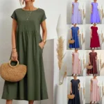 Dresses for Women  Cotton Linen Midi Casual  Short Sleeve Loose A-Line Sundress with Pockets  Solid Color Oversized Long Dress